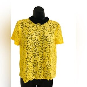 Zara vintage yellow lace black pleather peter pan‎ collar blouse top size Medium